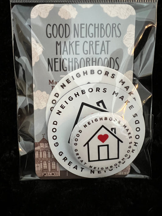 Good Neighbors Sticker, Magnet, Button Pack